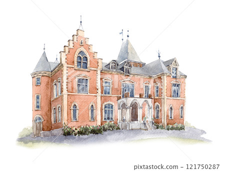 Watercolor illustration of old historical building. Vintage palace illustration. Ready clip art for your designs. 121750287