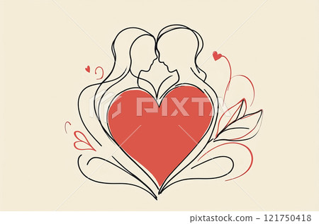 Man and woman silhouettes in love in single line drawings style with red heart 121750418