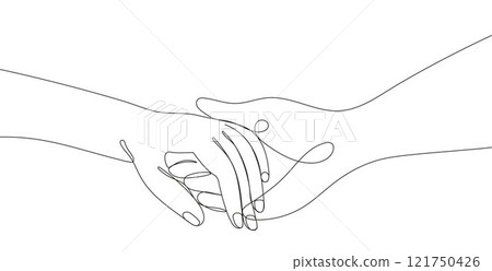 Continuous line drawing of a man s and woman hands holding each other, Continuous line drawing of a man s and woman hands holding each other, 121750426