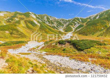 Autumn in the Tateyama Kurobe Alpine Route, Autumn leaves in Raichozawa, Shomyo River 121750432