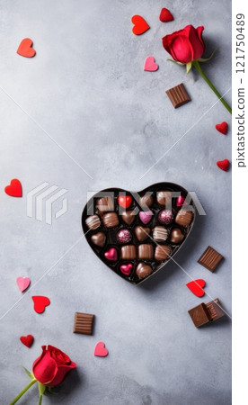 a heart shaped chocolate box with an assortment of chocolates decorated for Valentine's Day. 121750489