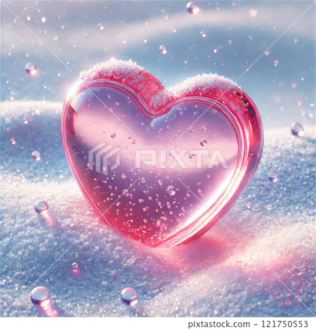 Pink crystal hearts on white snow. Valentine's Day greeting card 121750553