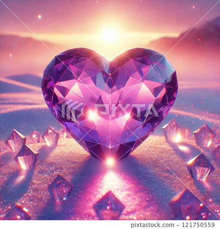 Pink crystal hearts on white snow in the rays of the setting sun. Valentine's Day greeting card 121750559