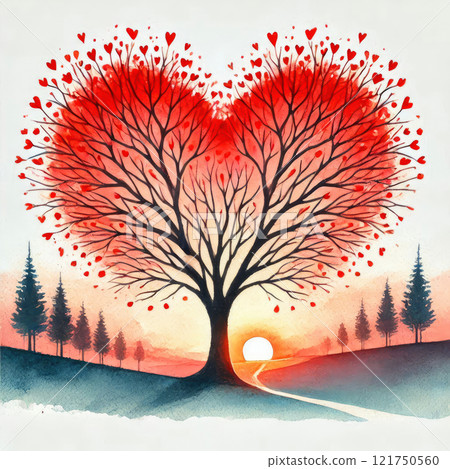 Illustration of a tree with a red crown in the shape of a heart. Valentine's Day greeting card Illustration of a tree with a red crown in the shape of a heart. Valentine's Day greeting card 121750560