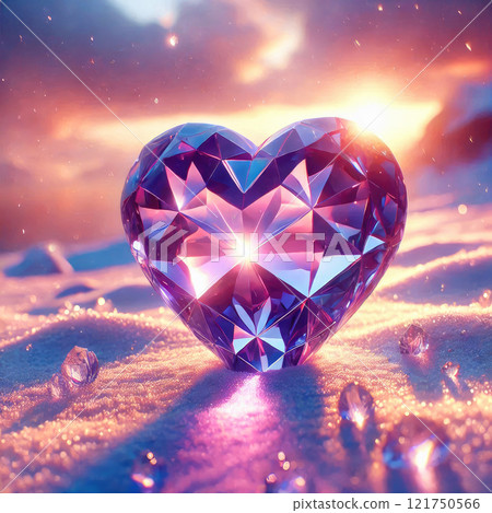 Pink crystal hearts on white snow in the rays of the setting sun. Valentine's Day greeting card 121750566