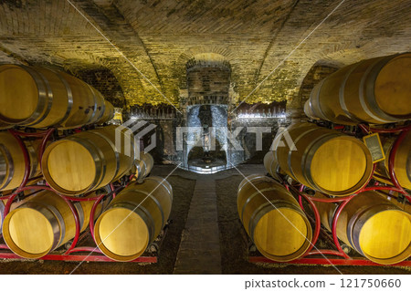 Wine cellar in Castello di Razzano, Piedmont, Italy 121750660
