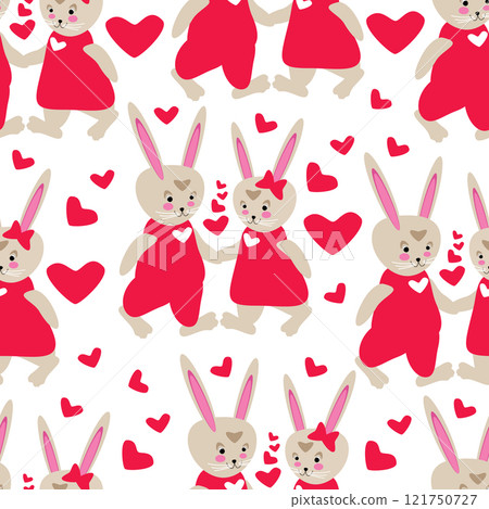 Seamless pattern of cartoon bunnies in love among hearts Seamless pattern of cartoon bunnies in love among hearts 121750727