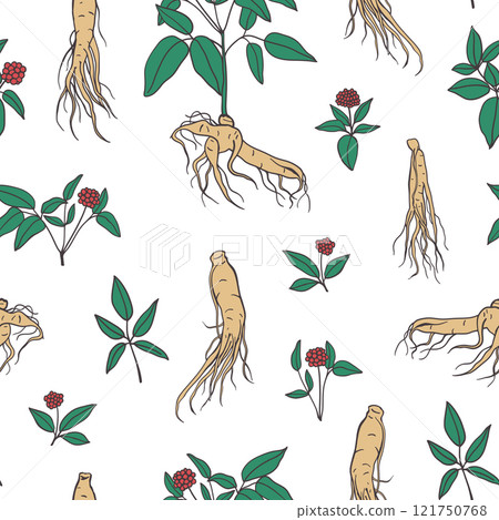 Ginseng root with steam, leaves and berries seamless pattern 121750768
