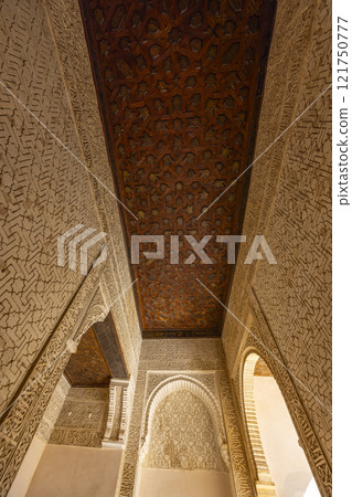 Arabic interiors of Nasrid Palace, Alhambra palace comple, Generalife and Albayzin (Generalife y Albaicin de Granada), UNESCO site, Granada, Andalusia, Spain 121750777