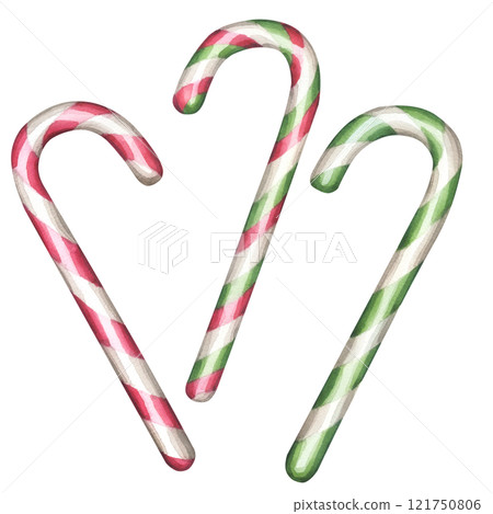Candy cane set peppermint stick with red green stripes in a spiral pattern. Traditional treat for Christmas and New Year's Eve for kids. Hand drawn watercolor illustration isolated on white background Candy cane set peppermint stick with red green stripes in a spiral pattern. Traditional treat for Christmas and New Year's Eve for kids. Hand drawn watercolor illustration isolated on white background 121750806