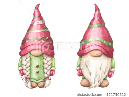 Cute Christmas gnome boy and girl with pigtailed, red hat and green dress, suit. A magical Scandinavian character for the New Year. Hand draw watercolor illustration isolated background Cute Christmas gnome boy and girl with pigtailed, red hat and green dress, suit. A magical Scandinavian character for the New Year. Hand draw watercolor illustration isolated background 121750812