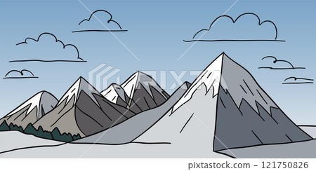 Hand drawn flat graphic vector sketch of abstract snowy mountain landscape with sharp triangular snowcapped mount peaks. Simple cartoon design concept of winter nature scenery or hiking tourism. 121750826