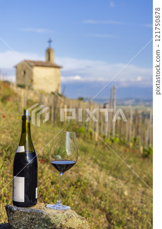 Grand cru vineyard and Chapel of Saint Christopher, Tain l'Hermitage, Rhone-Alpes, France Grand cru vineyard and Chapel of Saint Christopher, Tain l'Hermitage, Rhone-Alpes, France 121750878