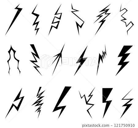 Black lightning bolt icons. Simple thunderbolt symbols. Electric strikes. Different zigzag shapes. Various designs flashes. Thunderstorm sky blasts. Silhouette power signs vector set 121750910
