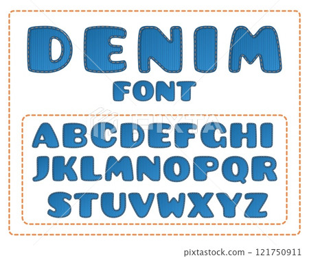 Blue denim font. Kids style rounded letters. Fabric alphabet with stitches. Jeans typeface. Textured patches on clothes. Clothing sewing. Textile elements. Alphabetical icons vector set 121750911