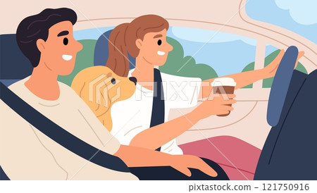 Driver and passenger on way. Happy couple travels with dog in car. Guy and girl together in automobile cabin. Woman with coffee cup drives vehicle. Family on seats. Garish vector concept 121750916