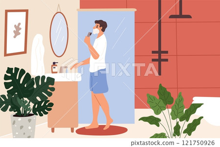 Guy shaves. Daily hygiene procedure. Male facial skin care. Man in bathroom by mirror. Removing bristle process. Everyday routine. Home restroom. Razor and foam. Garish vector concept 121750926