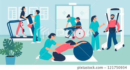 Physiotherapy gym. Medical training equipment. Restoring patient mobility. Rehabilitation therapy. Disabled persons. Disability treatment. Kinesiology clinic doctors. Garish vector concept Physiotherapy gym. Medical training equipment. Restoring patient mobility. Rehabilitation therapy. Disabled persons. Disability treatment. Kinesiology clinic doctors. Garish vector concept 121750934