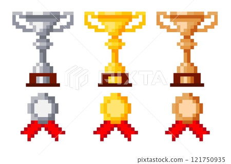 Pixel award. Golden goblet. Silver and bronze cups. 8 bit sprite. Winners medals. Retro video game assets. Mobile app reward. Victory trophy. Arcade achievement. Vector pixilated icons set Pixel award. Golden goblet. Silver and bronze cups. 8 bit sprite. Winners medals. Retro video game assets. Mobile app reward. Victory trophy. Arcade achievement. Vector pixilated icons set 121750935