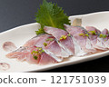 Horse mackerel sashimi served on a small plate on a black background Horse mackerel sashimi served on a small plate on a black background 121751039