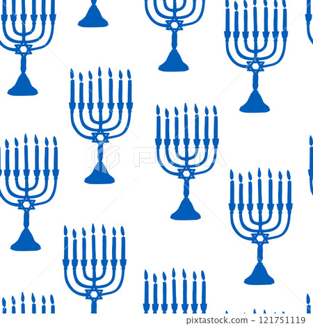 Hand drawn Jewish menorah seamless pattern in blue and white colors Hand drawn Jewish menorah seamless pattern in blue and white colors 121751119