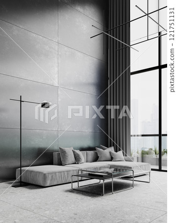 Minimalism gray interior with sofa, coffee table, metal wall panel, terrazzo tile and decor. 3d render illustration mockup. Minimalism gray interior with sofa, coffee table, metal wall panel, terrazzo tile and decor. 3d render illustration mockup. 121751131