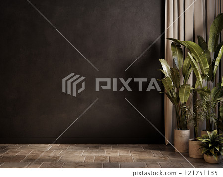 Black empty loft interior with tile and potted plants. 3d render illustration mockup. 121751135