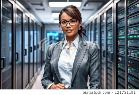 Woman in a business suit against a backdrop of servers in a data center. 121751191