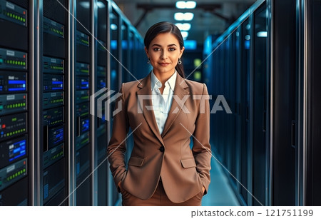 Woman in a business suit against a backdrop of servers in a data center. 121751199