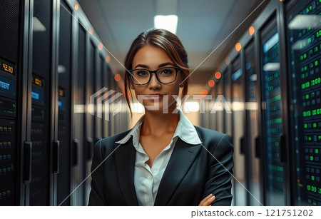 Woman in a business suit against a backdrop of servers in a data center. Woman in a business suit against a backdrop of servers in a data center. 121751202