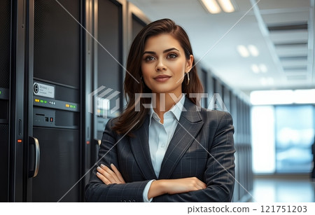 Woman in a business suit against a backdrop of servers in a data center. Woman in a business suit against a backdrop of servers in a data center. 121751203