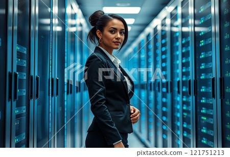 Woman in a business suit against a backdrop of servers in a data center. 121751213