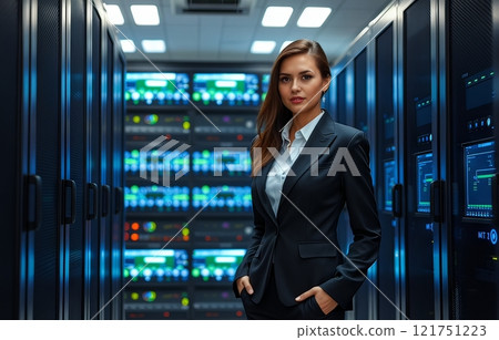 Woman in a business suit against a backdrop of servers in a data center. 121751223