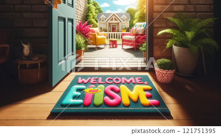 A warmly inviting doormat bearing the phrase Welcome to Our Nest sets a homely scene by a front door, flanked by slippers and moving boxes, hinting at the start of a new chapter in a cozy home. 121751395