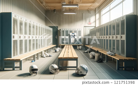 Bright and simple gym locker room for kids' American football team after a game, viewed from a distinct perspective. Light-colored metal lockers, wooden benches, light tile flooring, and neutral-toned Bright and simple gym locker room for kids' American football team after a game, viewed from a distinct perspective. Light-colored metal lockers, wooden benches, light tile flooring, and neutral-toned 121751398
