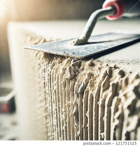 This image captures a detailed close-up of a drywall seam with joint compound applied. In the background, a worker is blurred while applying the compound with a trowel, focusing on the intricate 121751525