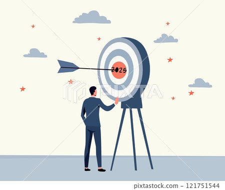 businessman aiming at a dartboard with "2025" in the bullseye, symbolizing future goals and strategic planning. Flat design with clouds and stars in the background 121751544
