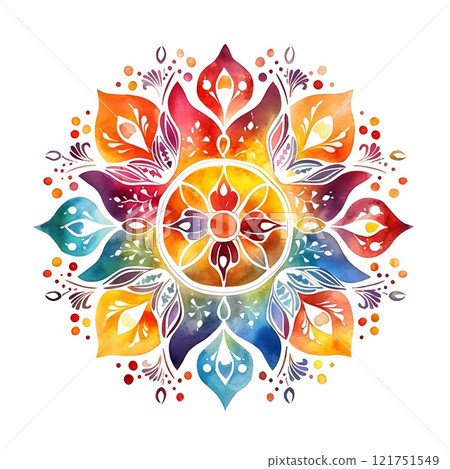 Watercolor painting depicting a colorful rangoli design for diwali celebration 121751549