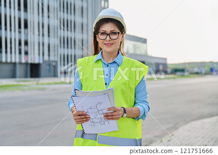 Industrial worker female builder with working documents looking at camera, outdoor construction 121751666