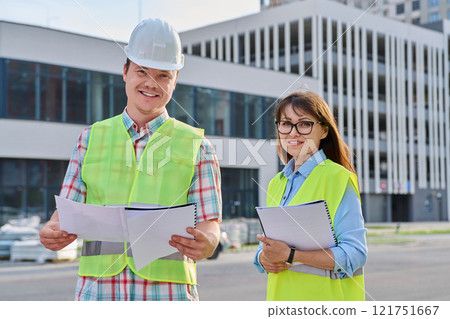Two industrial workers looking at camera, outdoors on construction site Two industrial workers looking at camera, outdoors on construction site 121751667