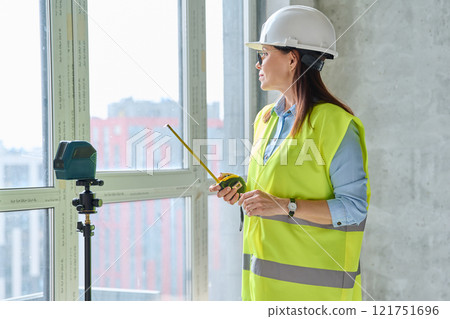 Confident woman in safety vest hard hat at construction site 121751696