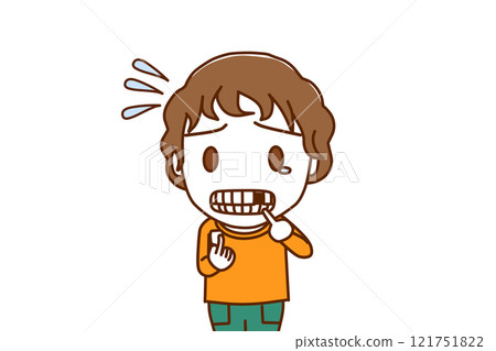 (Front view of upper body) A Caucasian boy in tears and in a panic after his front tooth breaks (Front view of upper body) A Caucasian boy in tears and in a panic after his front tooth breaks 121751822