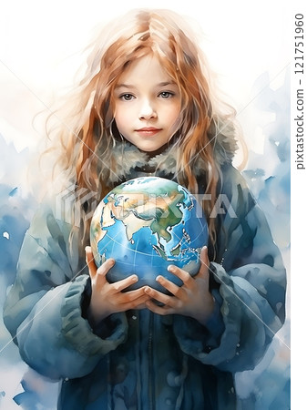 Smiling girl holding small globe promoting environmental awareness 121751960