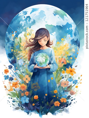Young woman holding earth globe promoting environmental conservation 121751964