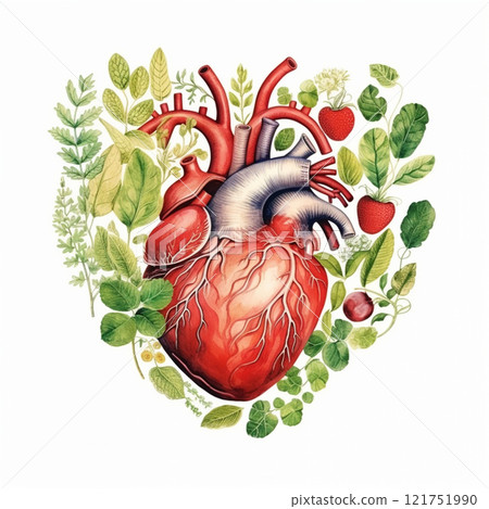 Realistic heart surrounded by herbs and berries promoting healthy lifestyle 121751990
