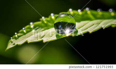 Water drop balancing on green leaves reflecting the sky Water drop balancing on green leaves reflecting the sky 121751993