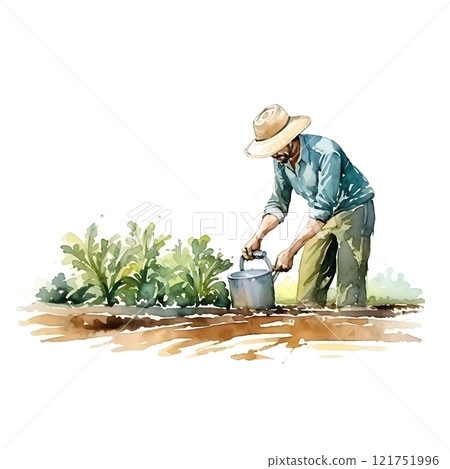 Farmer watering crops in field celebrating world water day Farmer watering crops in field celebrating world water day 121751996