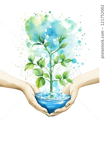 Hands holding growing plant in water for environment conservation 121752002
