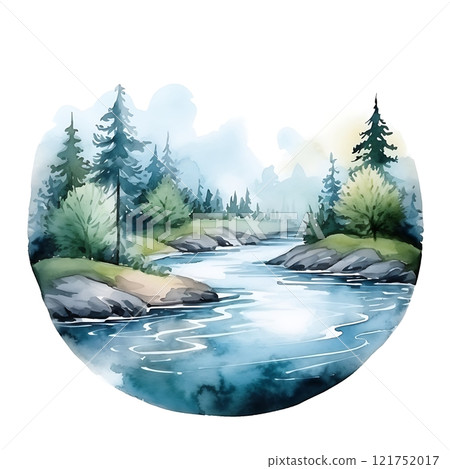 Meandering river flowing through green landscape, watercolor painting of nature Meandering river flowing through green landscape, watercolor painting of nature 121752017
