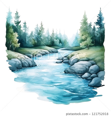 Meandering river flowing through green landscape, watercolor painting of nature Meandering river flowing through green landscape, watercolor painting of nature 121752018